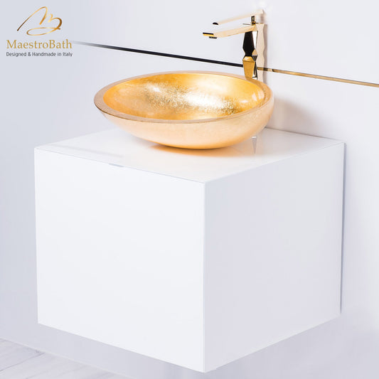 20 inch white lacquer bathroom vanity with gold vessel sink combo